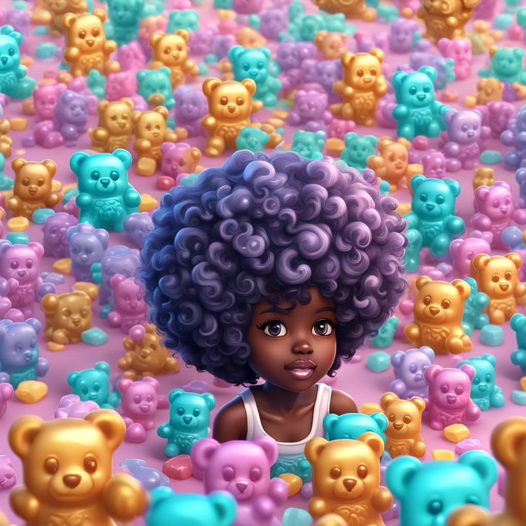 Chibi Gummy Bears with Afro in Pastel Surreal Ice