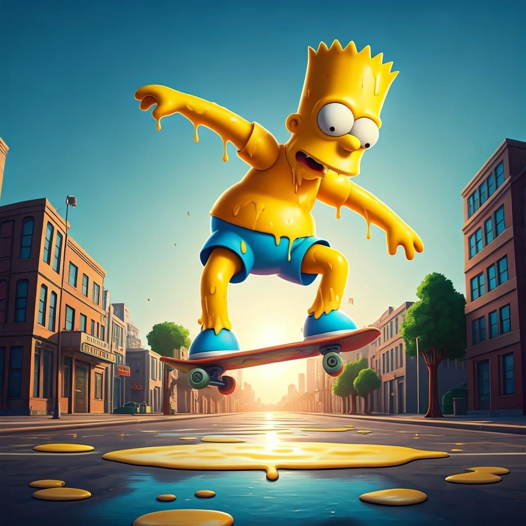 Melting Banana Bart Simpson Skateboarding in Springfield