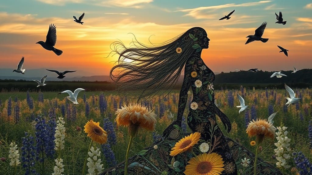 Surreal Eco-Art: Woman in Lupinus Flower Field