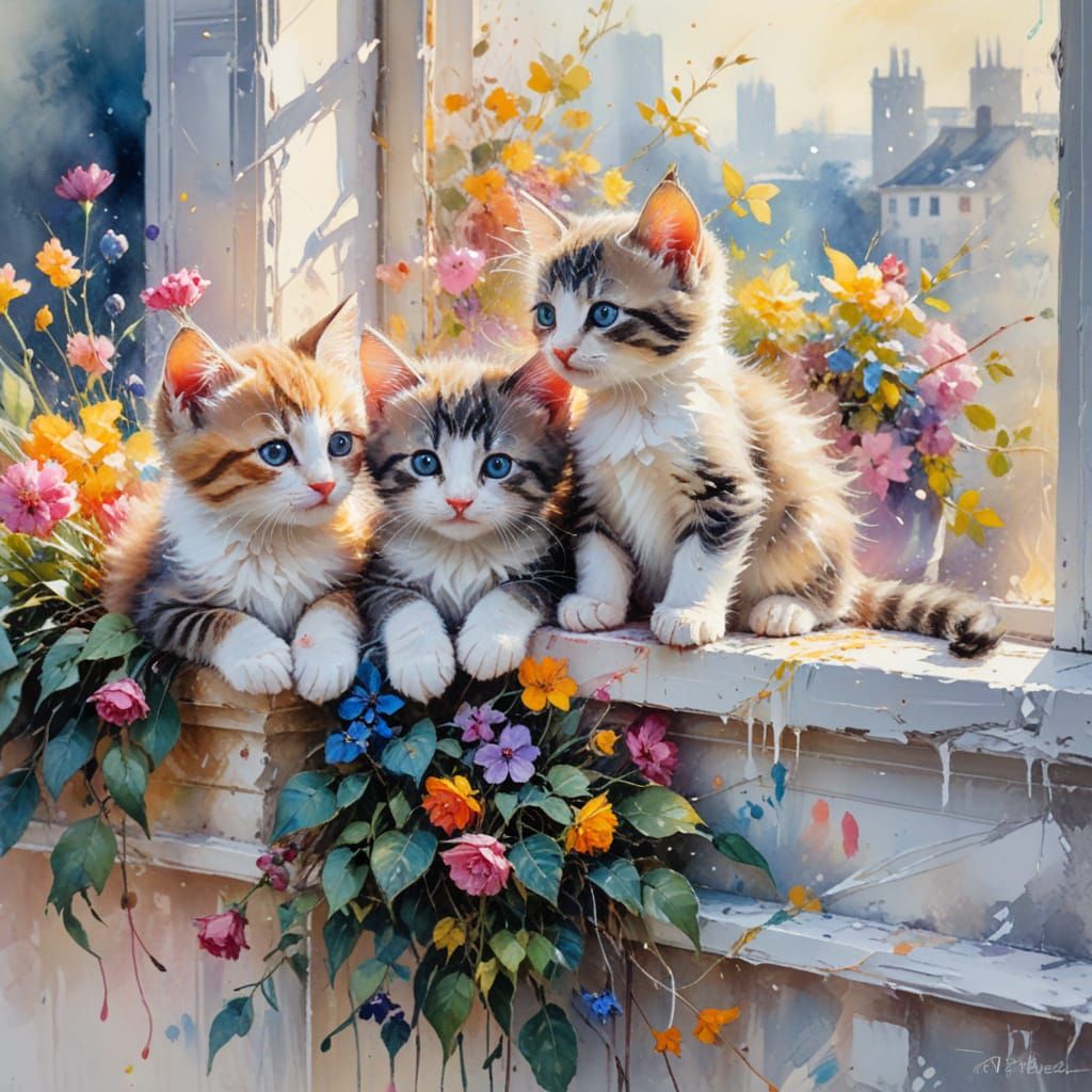 Kittens on a Ledge: Expressionist Oil Painting