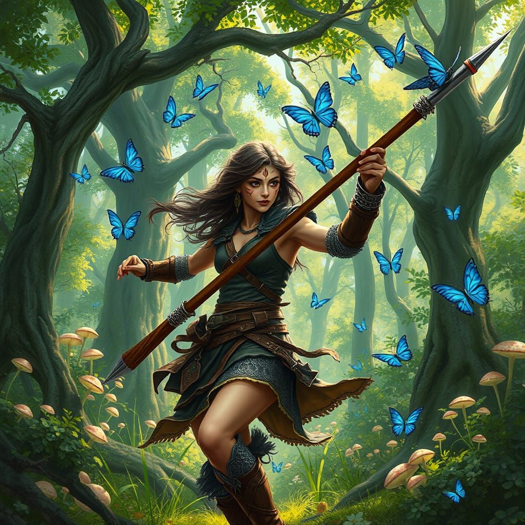 Feywild Warrior Dances with Fauchard in Vibrant Forest