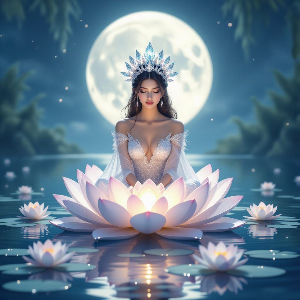 Water Queen on Glowing Lotus in Moonlit Lake