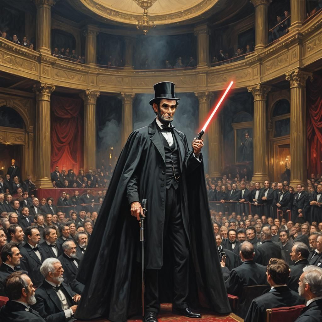 Abraham Lincoln is a Sith Lord, holding lightsaber, wearing a black cloak, top hat, watching a play in an old timey thea...