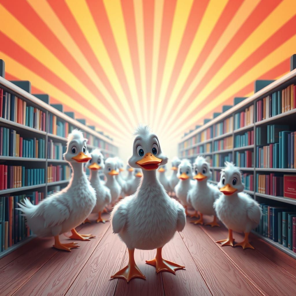 Whimsical Duck Library in Vibrant, 3D Digital Art