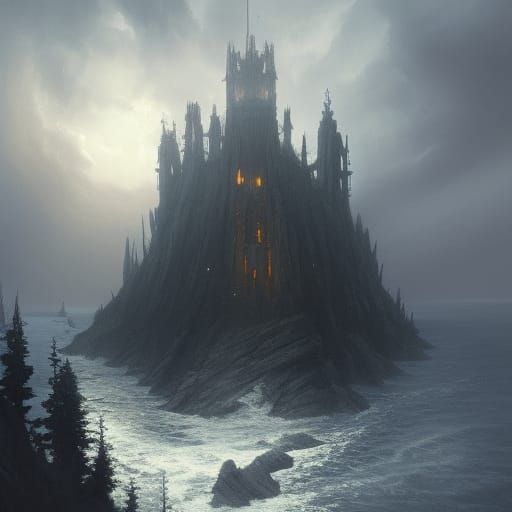 Gothic Demon Lord Castle in Dark Winter Landscape