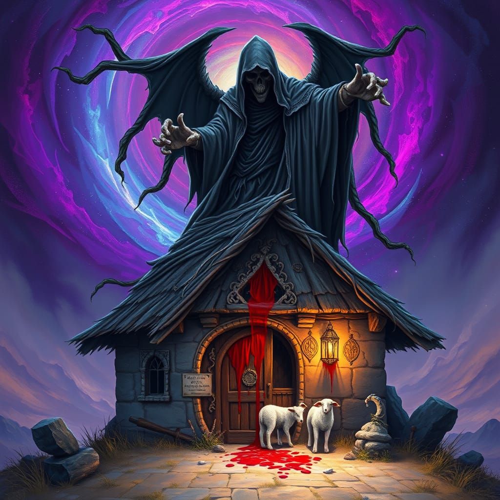 Death Hovering Over a House with Lamb's Blood Doorway in Vib...
