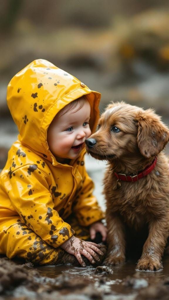 Adorable Muddy Baby and Dog Play Together