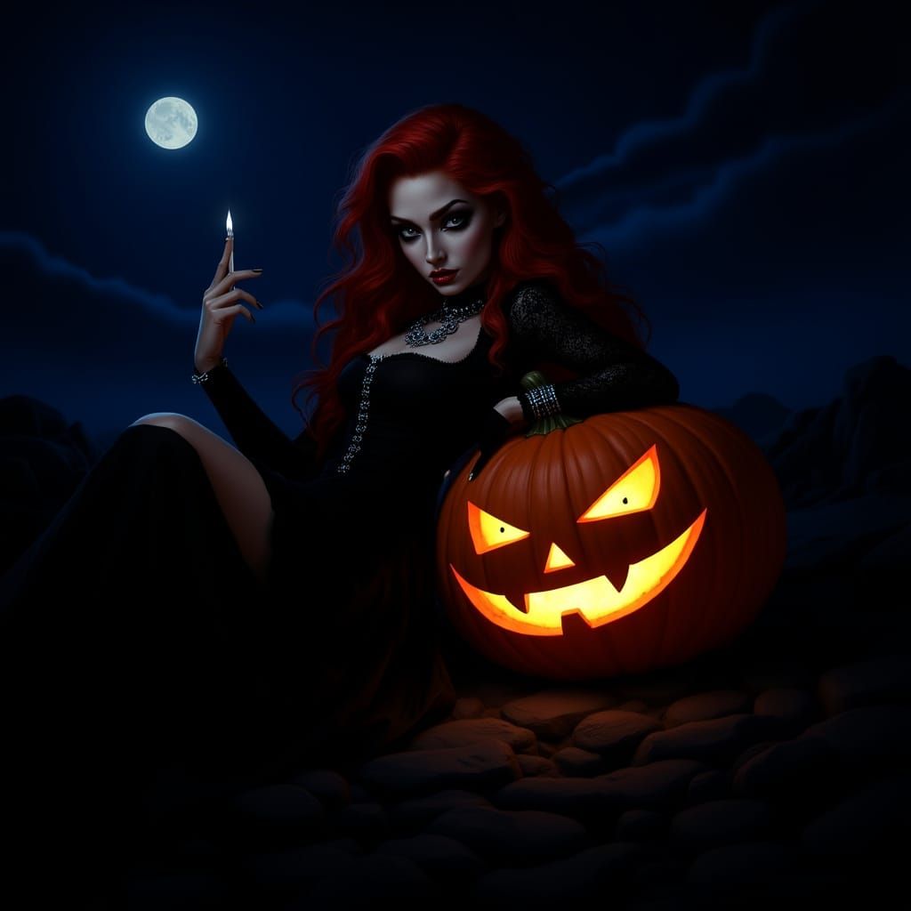 Goth Woman With Leering Pumpkin at Dusk