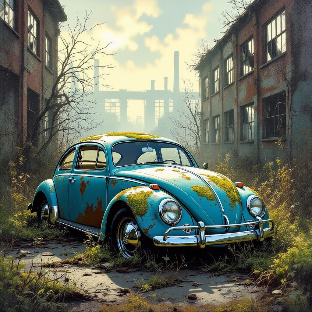 Oil Painting of Ruined VW Karmann Ghia on Overgrown Road