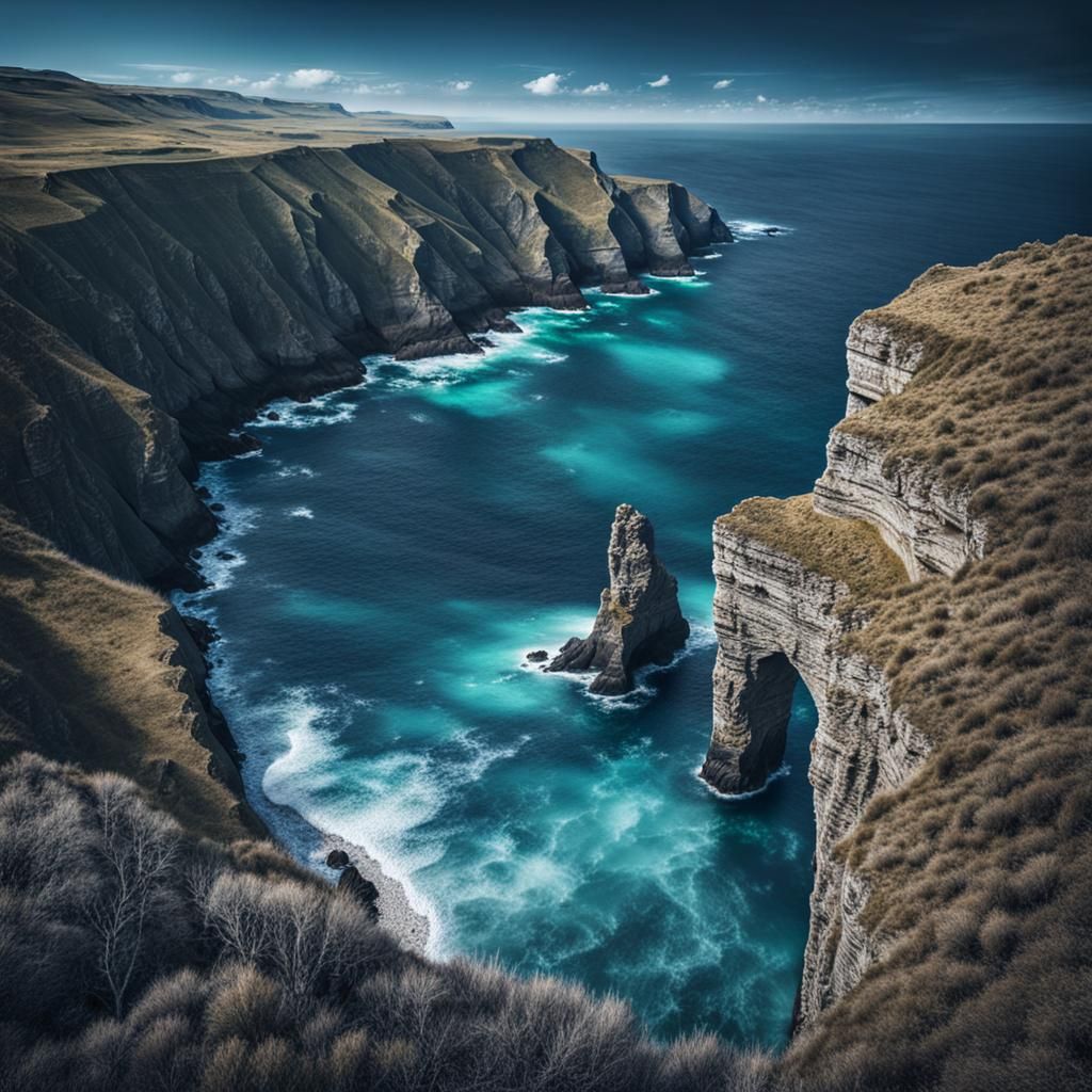 Hyperrealistic Ocean View with Cliffs in Blue Palette