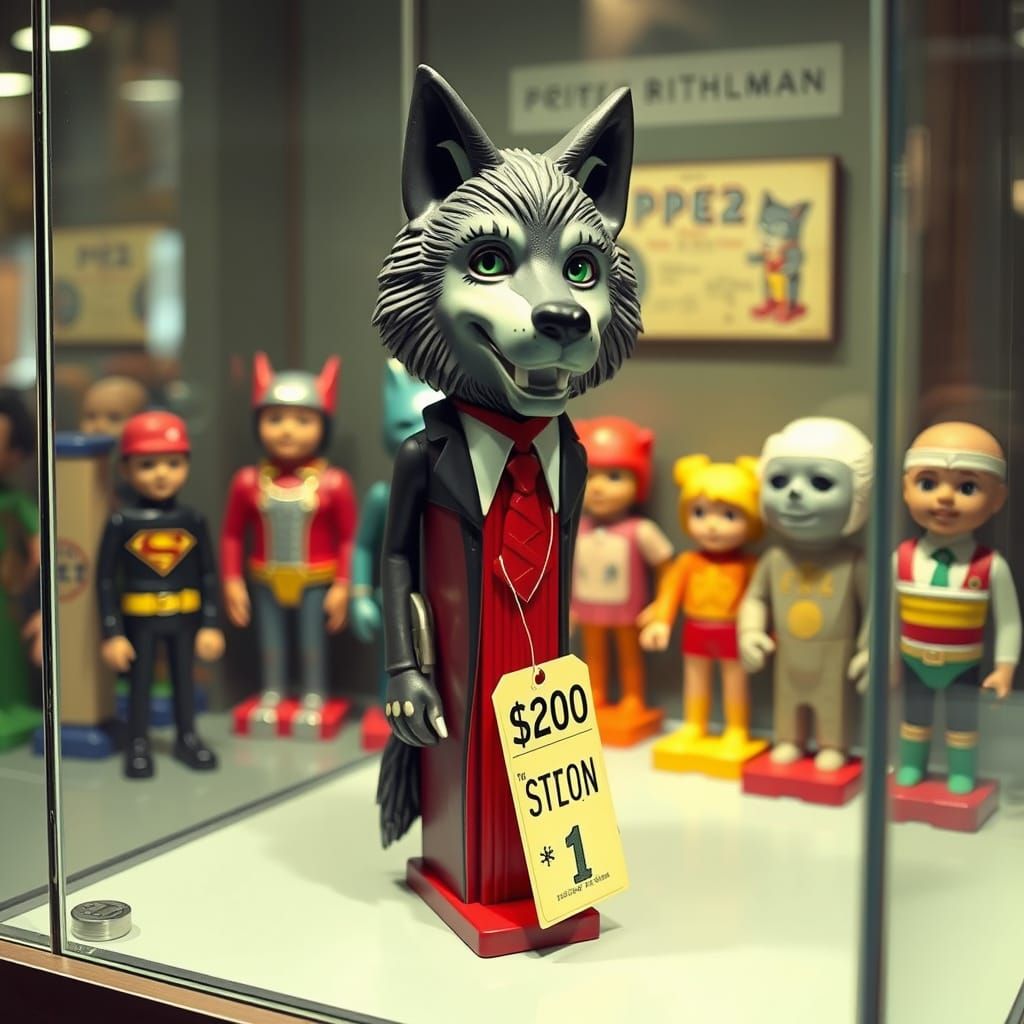 Wolfman Pez Dispenser in a display case with a $200 price ta...