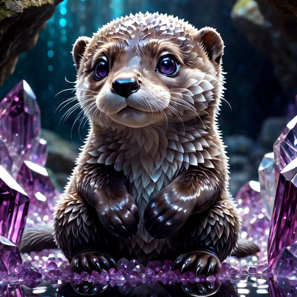 Crystal Otter Cub in Cave: A Shimmering Masterpiece