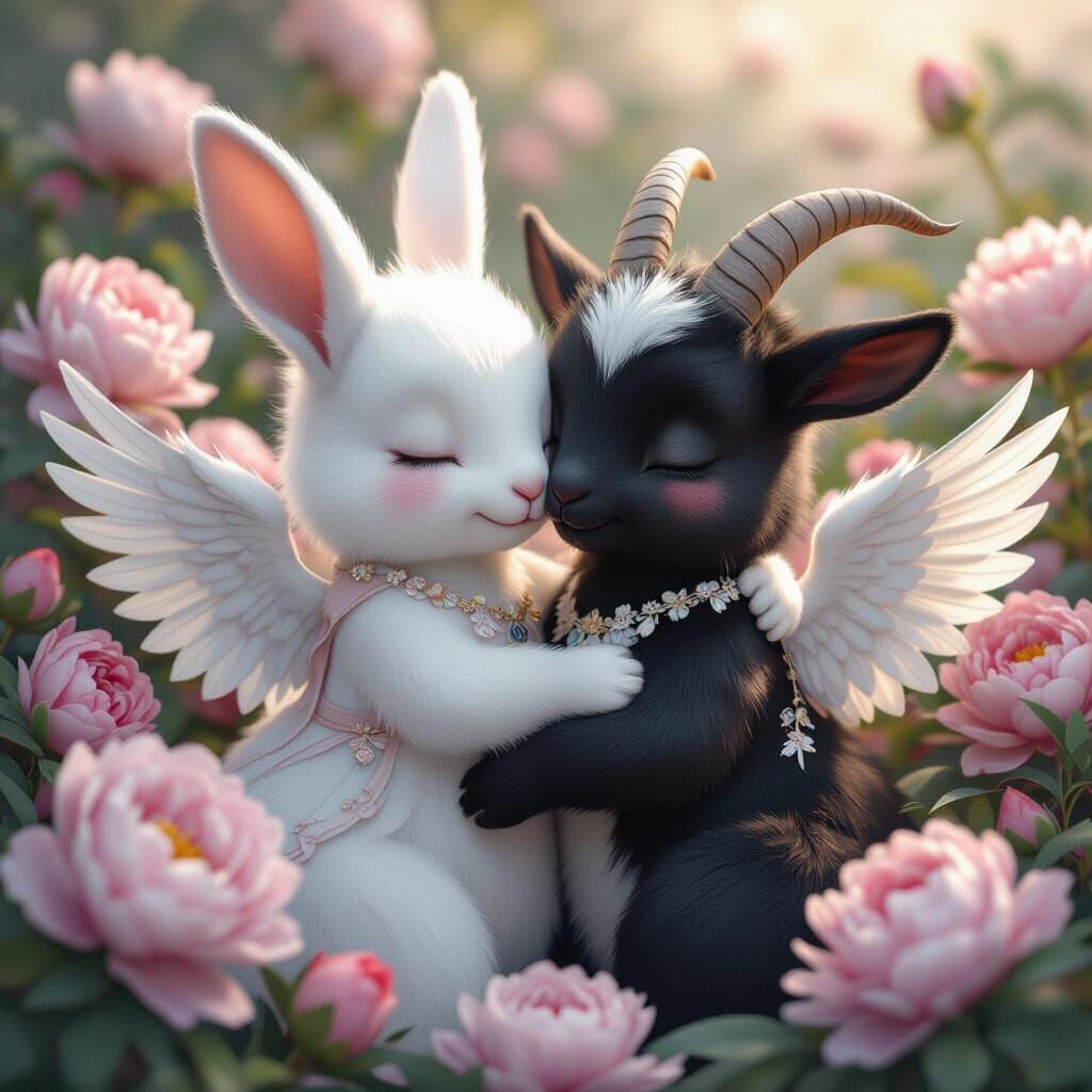 Winged Rabbit and Goat Babies Embrace in 3D Anime Style