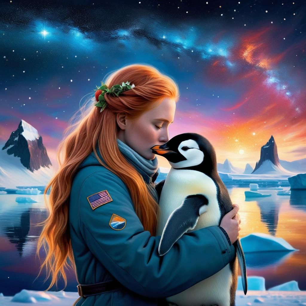 Girl with Penguin Under Cosmic Sky: Oil Painting