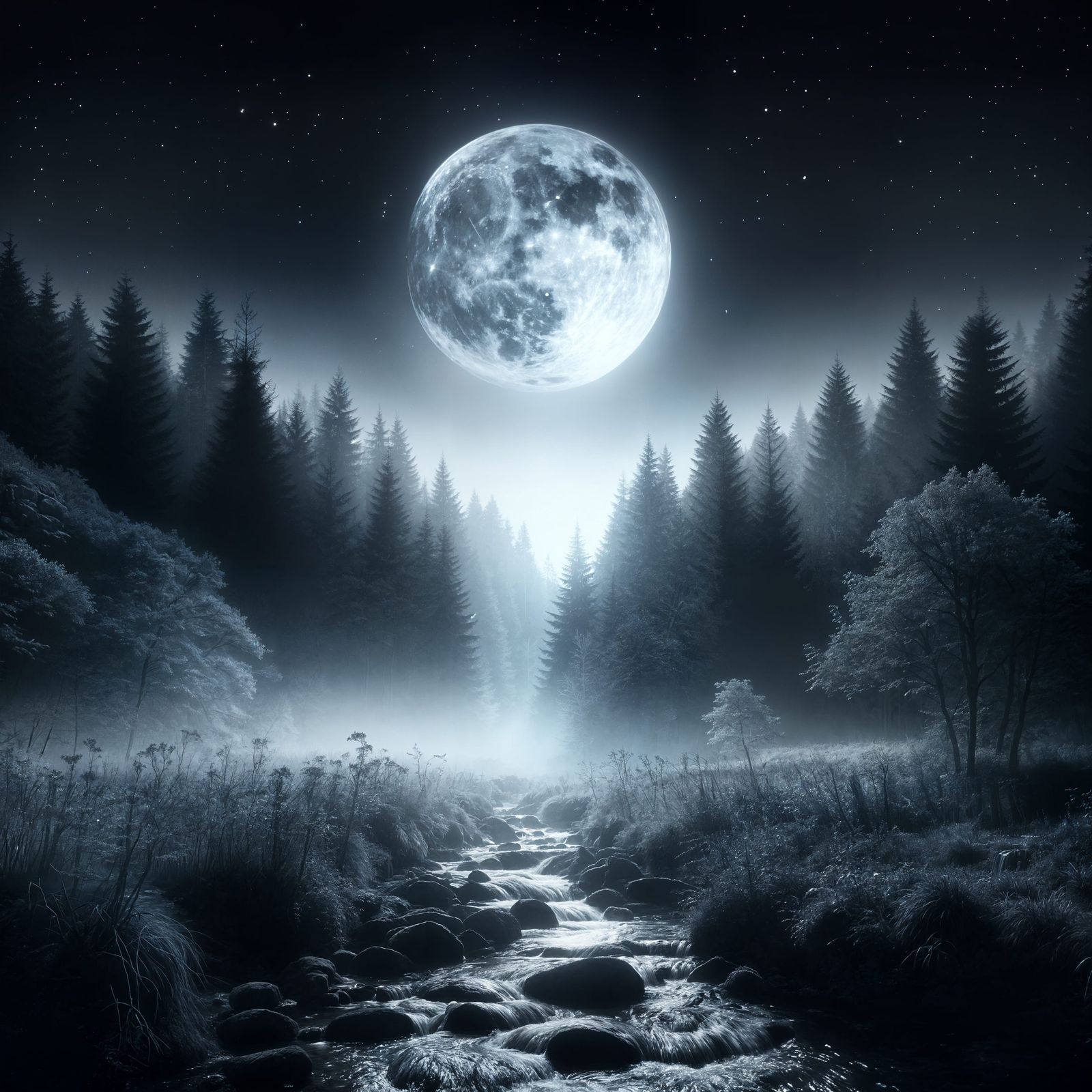 Monochrome Supermoon Over Forest Stream
