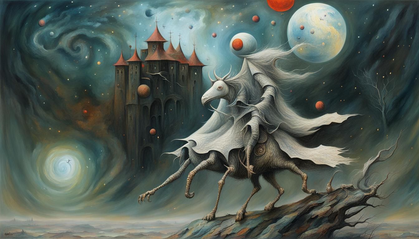 Surrealist Flight in Starry Sky, Polychromatic Art