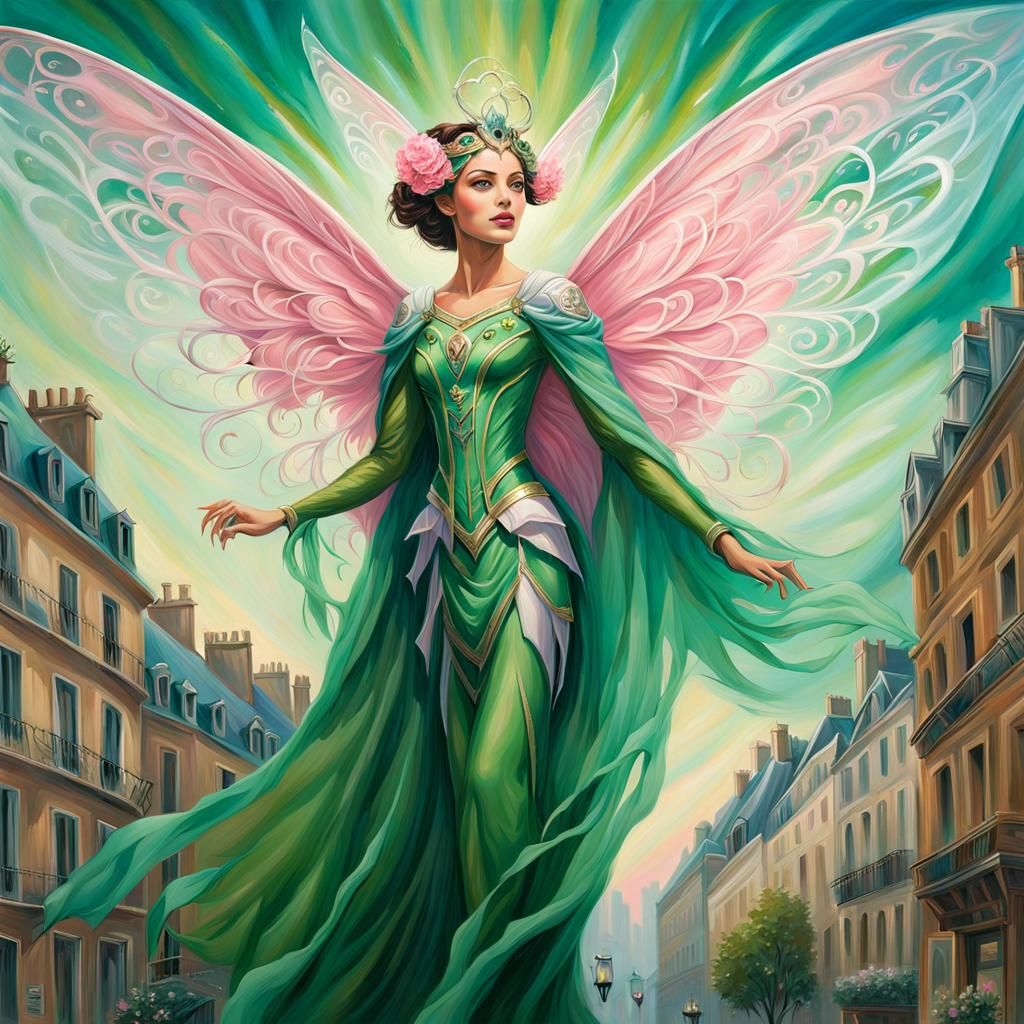 Ethereal Green Superheroine Soaring Over Paris as Oil Painti...