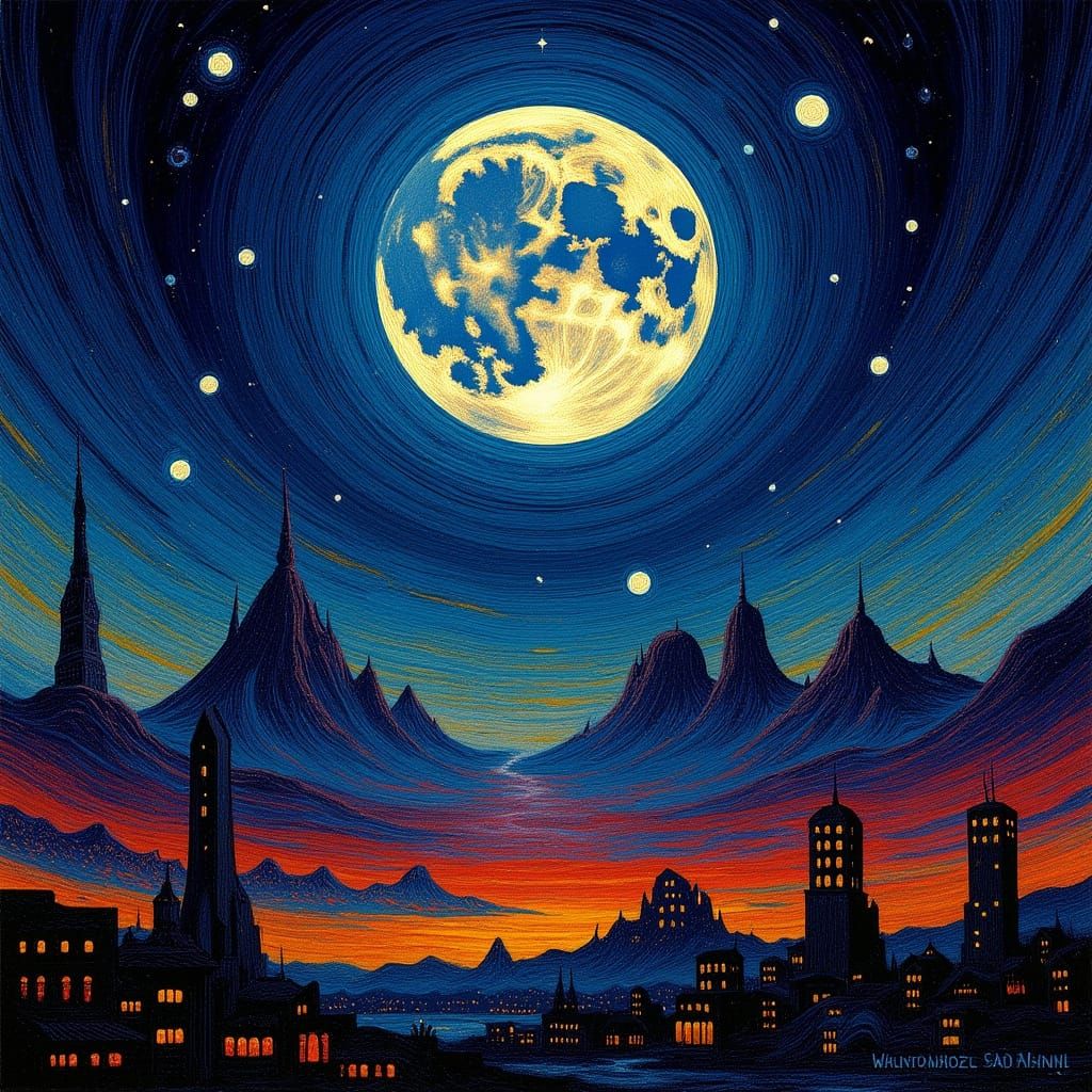 Sci-Fi Cityscape at Night with Whimsical Abstract Art