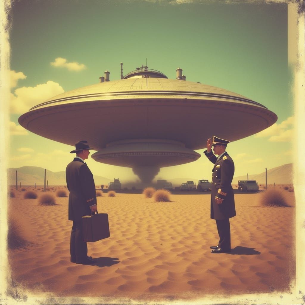 Surreal Encounter with Alien Ship in Polaroid Style