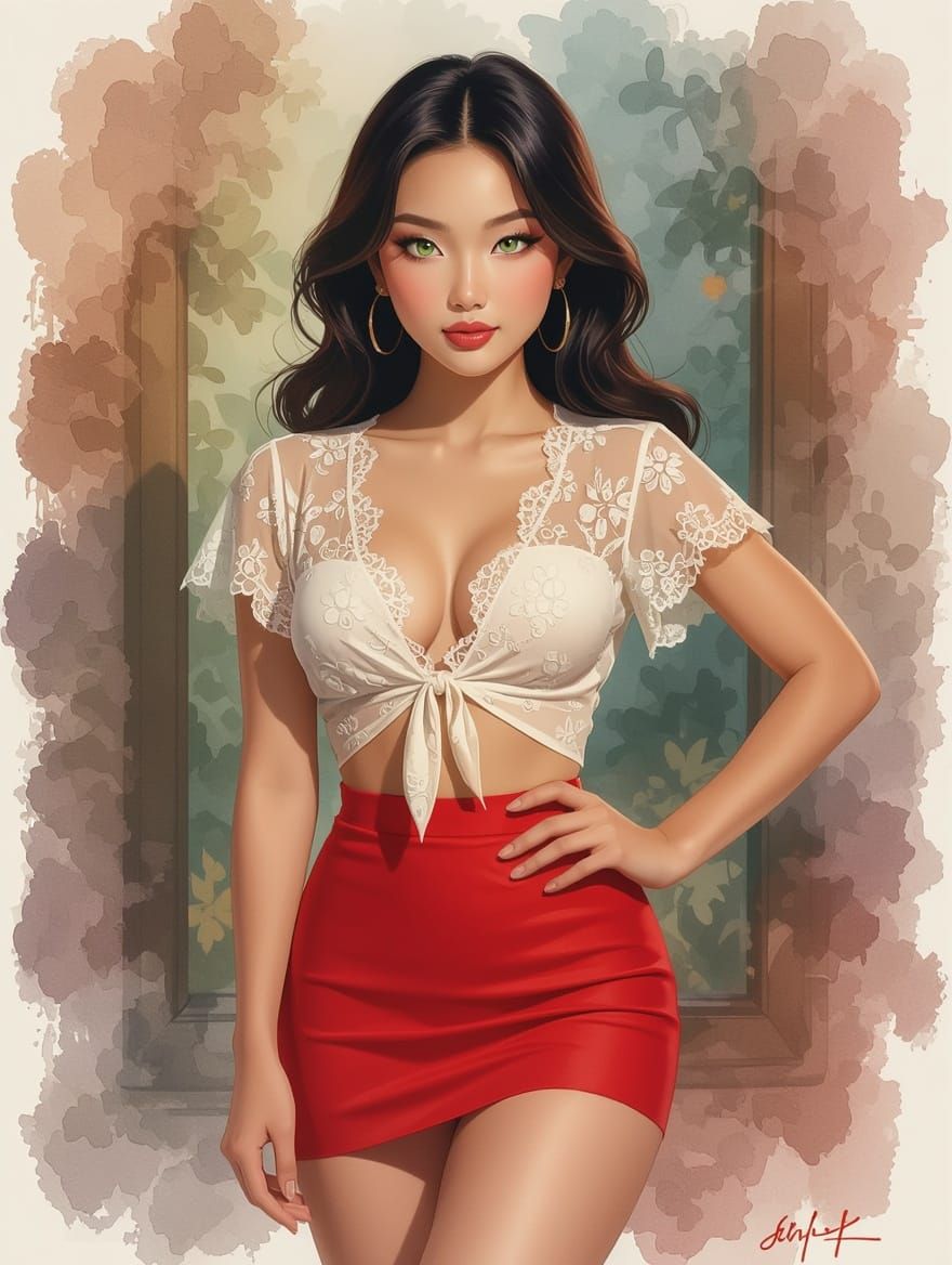 Elegant Asian Pin-Up Beauty in Vibrant Watercolor Style