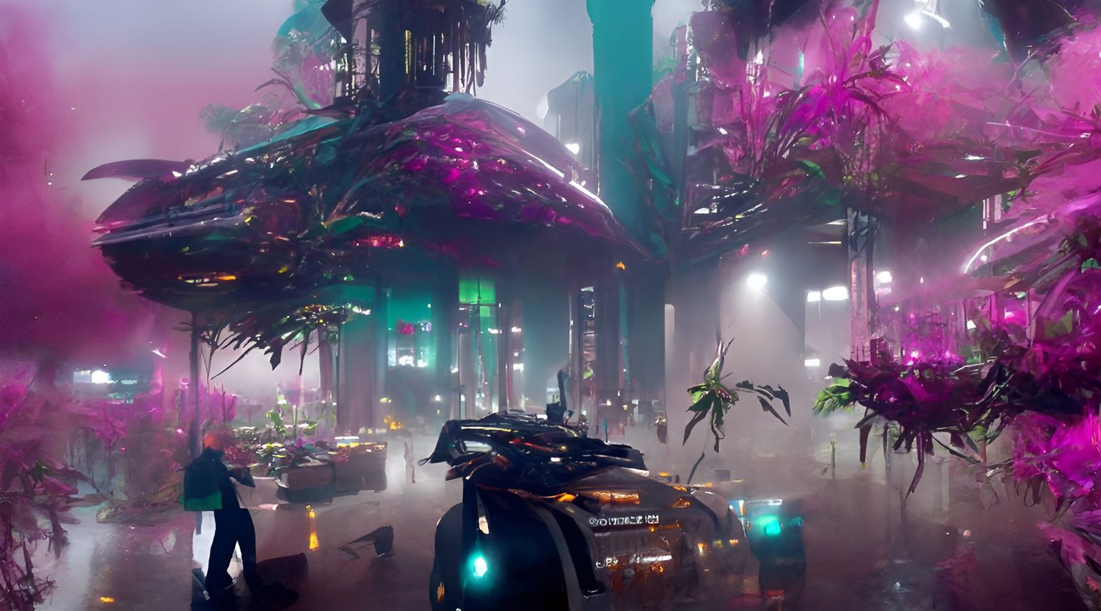 Cyberpunk Alien World with Plant Buildings
