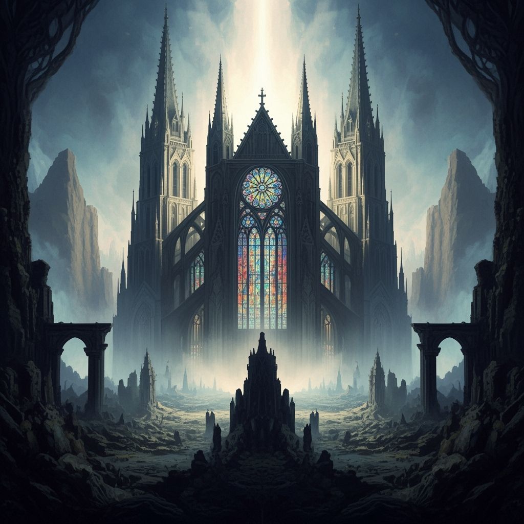 Gothic Cathedral Against Desolate Landscape, Fantasy Horror ...