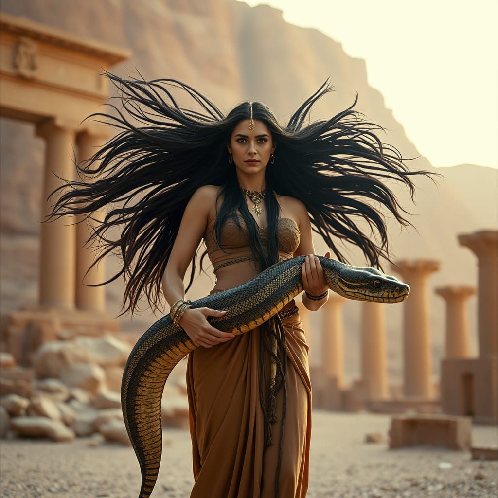 Sumerian Snake Priestess in Ancient Temple Ruins
