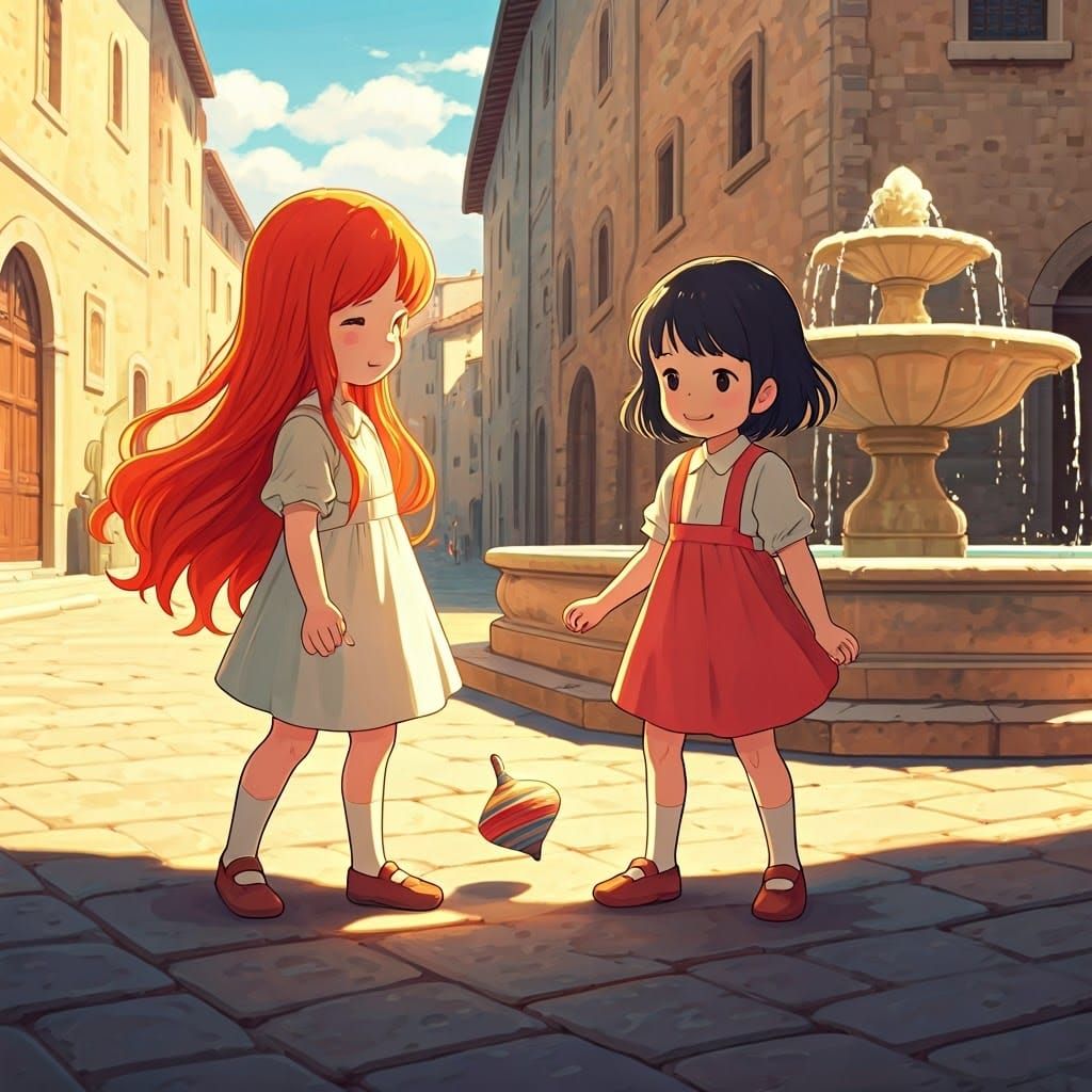 Joyful Girls Playing in Italian Square, Ghibli-Inspired