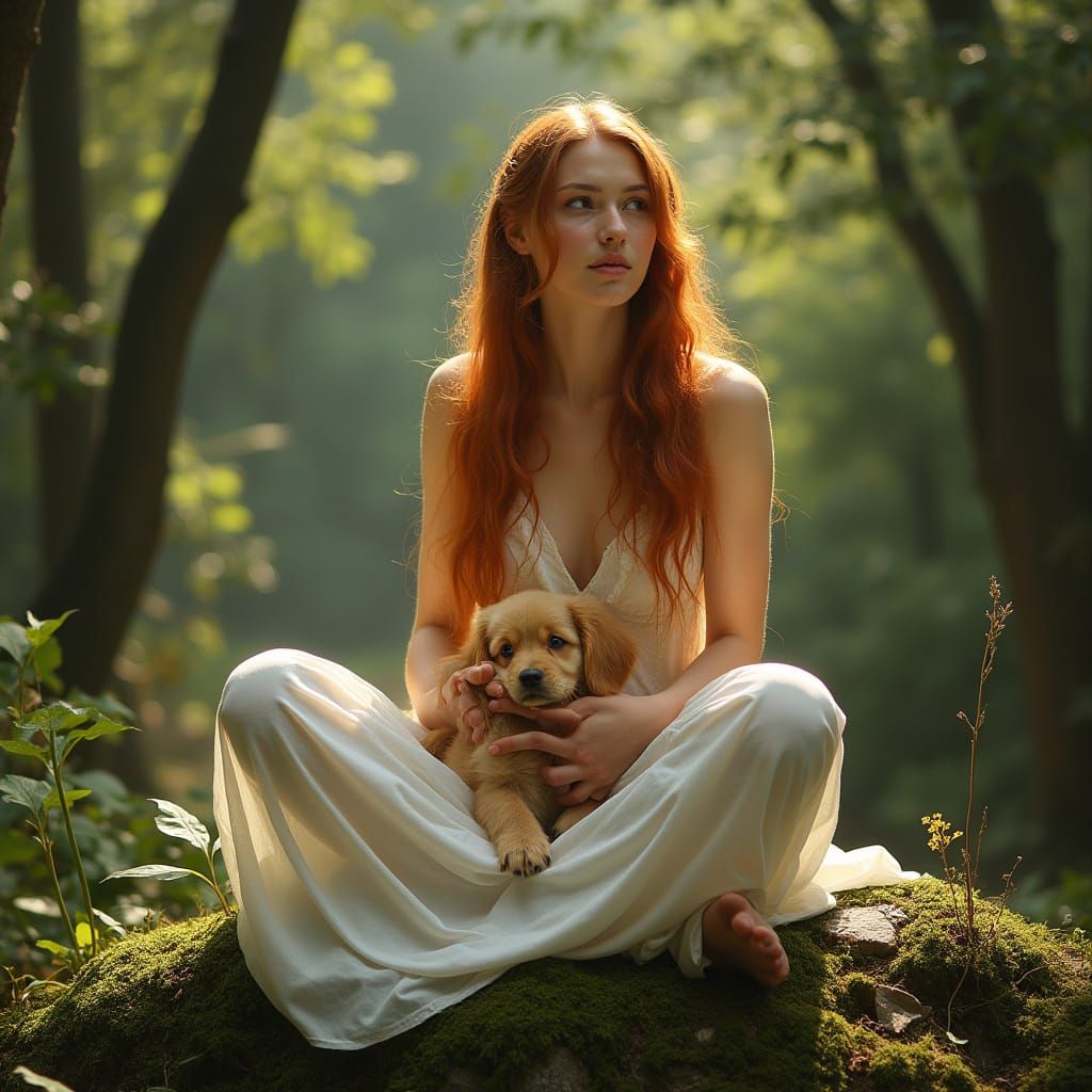 Woman and Puppy in Sunlit Forest: Pre-Raphaelite Style
