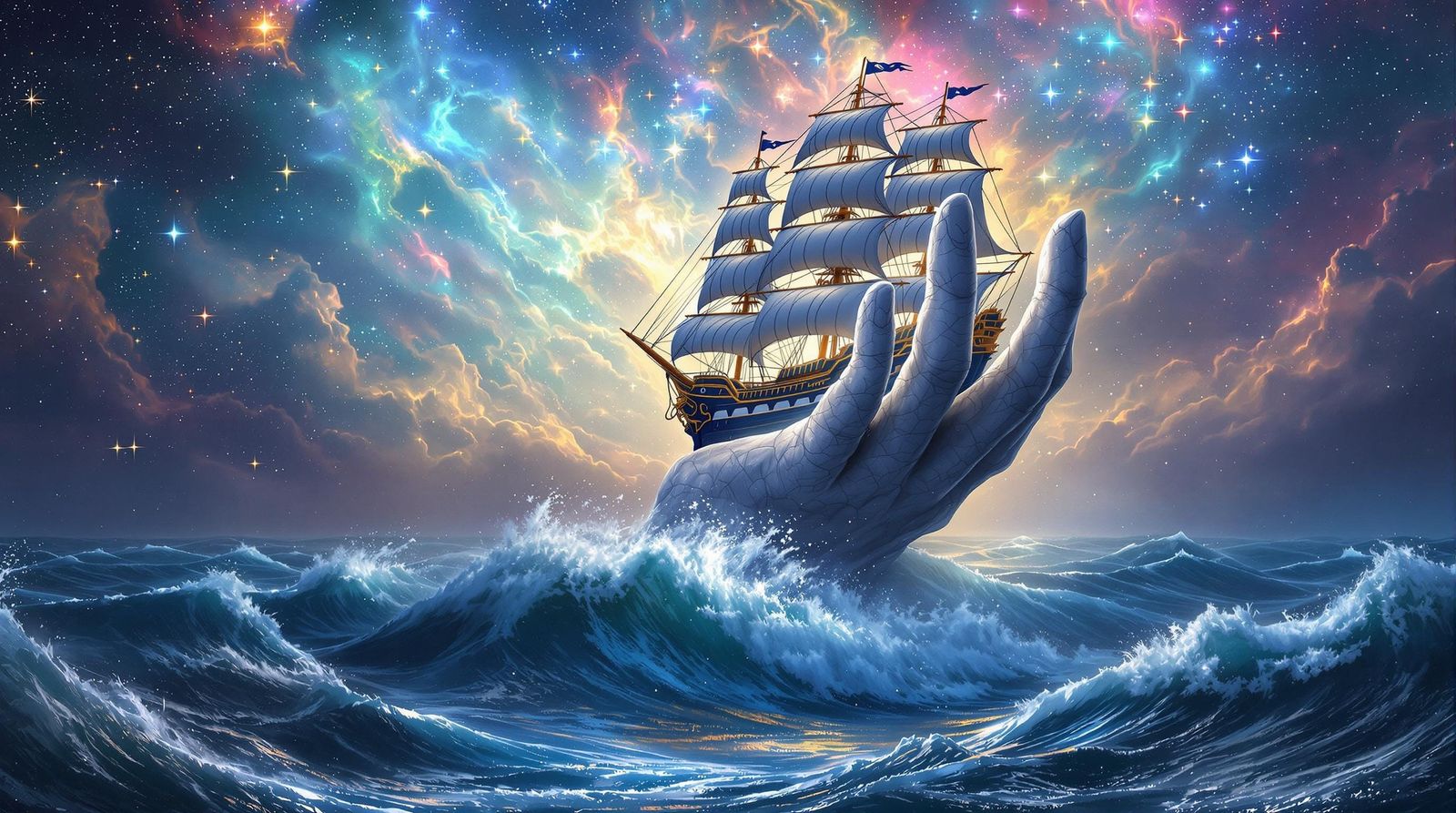 A huge white stone hand rises from under the water of a stor...