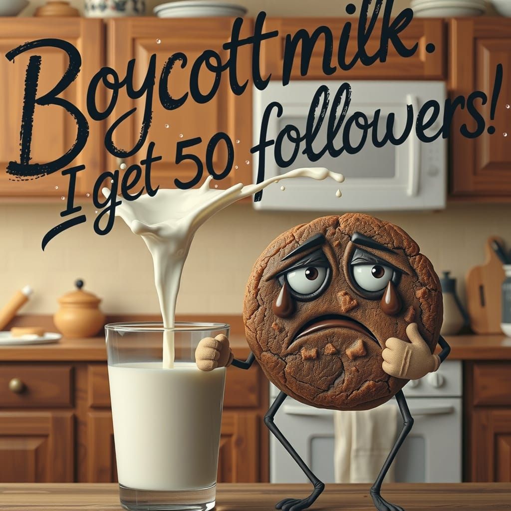 Sad Cookie Boycotts Milk: A Whimsical Kitchen Scene