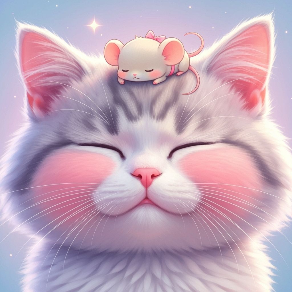 Fluffy Kitten and Mouse Sleeping in Dreamy Kawaii Style