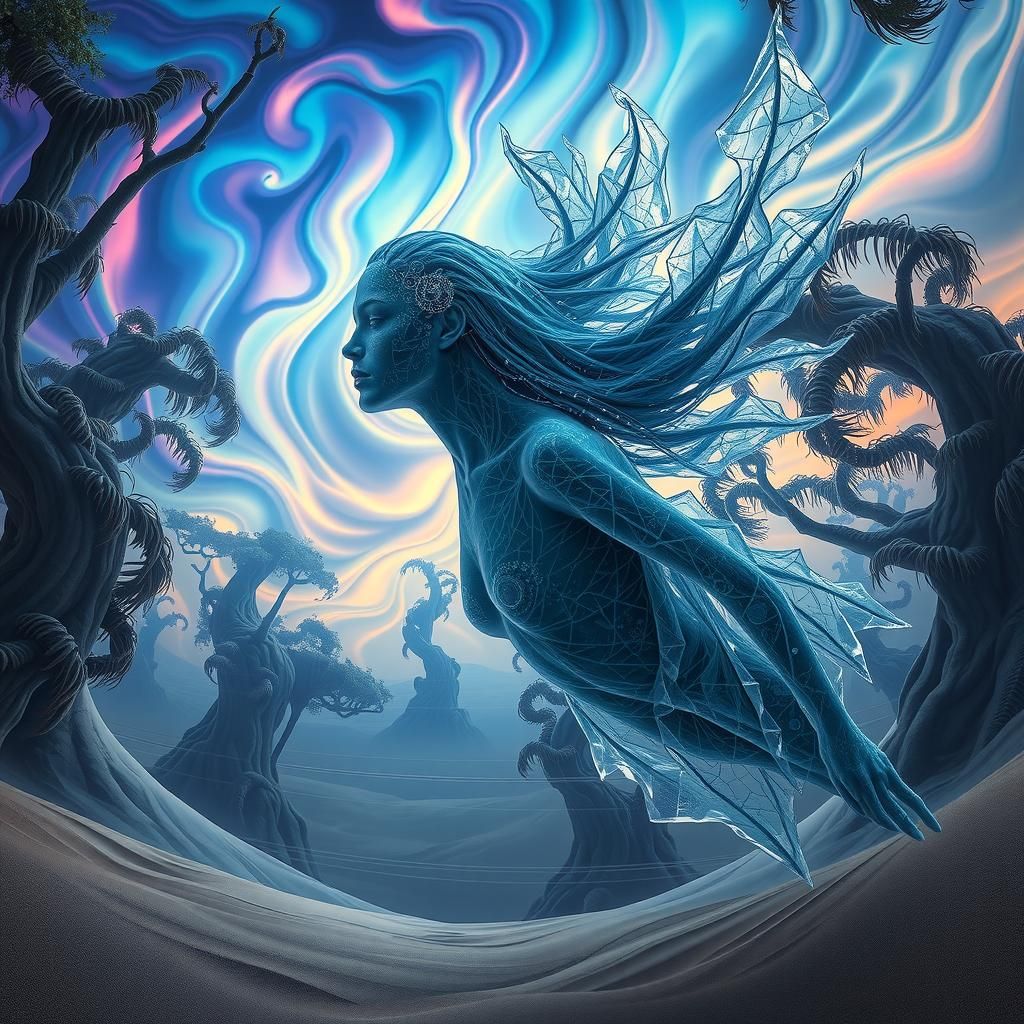 Surreal Dissolving Figure in Ethereal Forest