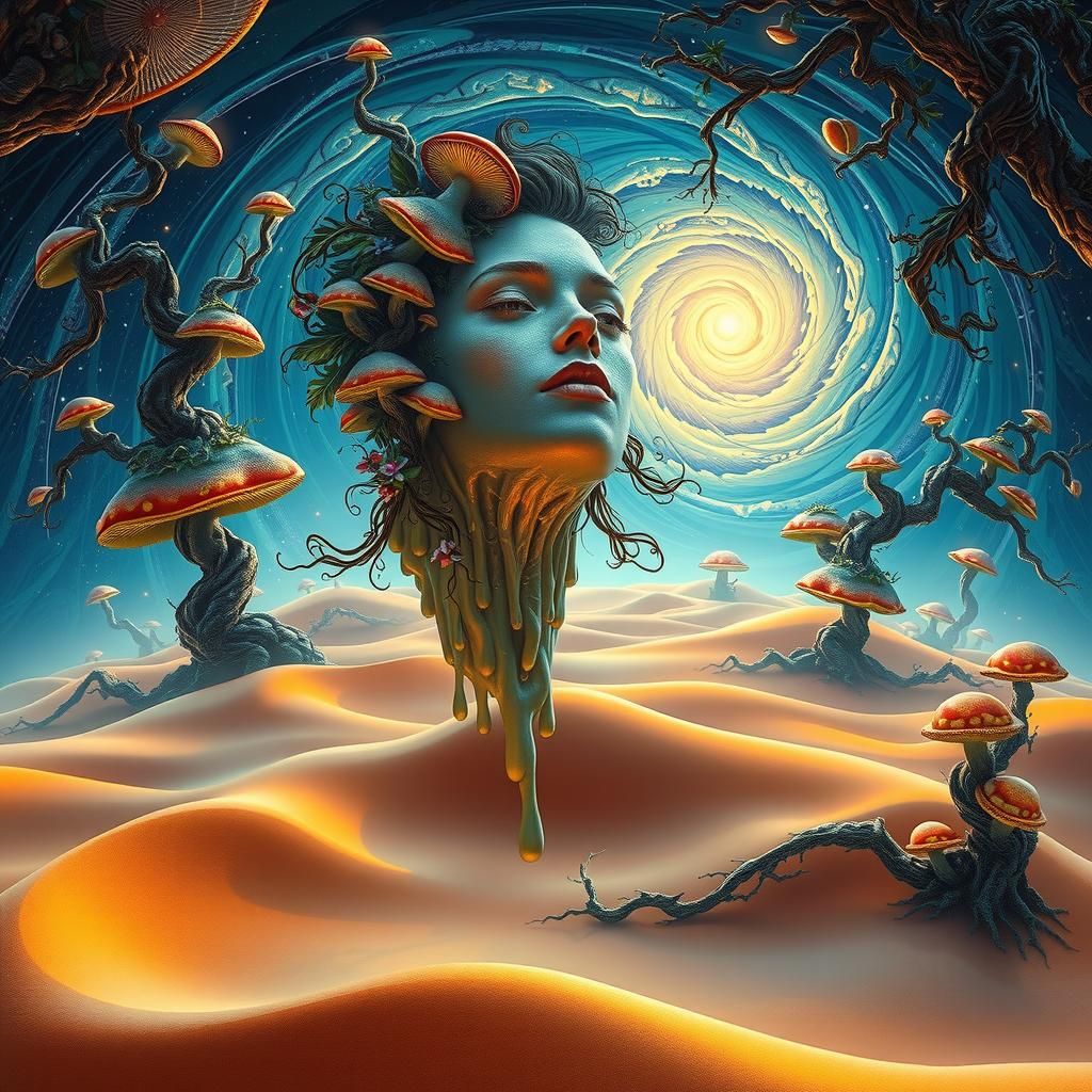 Surreal Melting Face in Dreamlike Landscape
