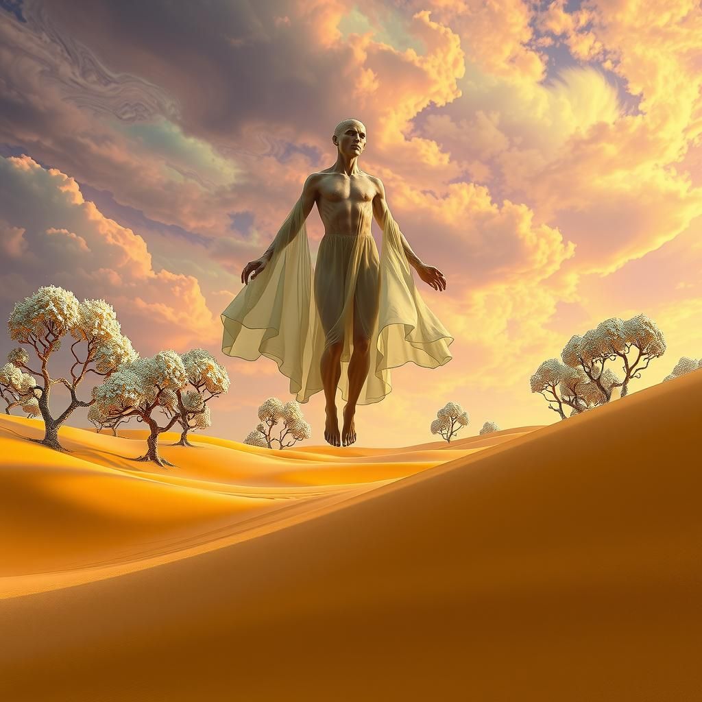 Surreal Androgynous Figure in Dreamlike Landscape