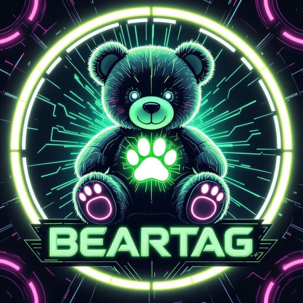 Futuristic Neon Teddy Bear Emblem in Cyberpunk Style
