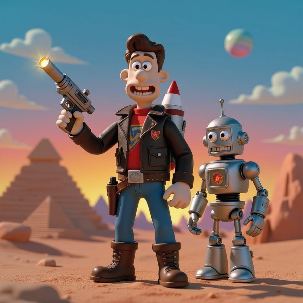 Claymation Sci-Fi Rocket Ranger and Robot on Alien World
