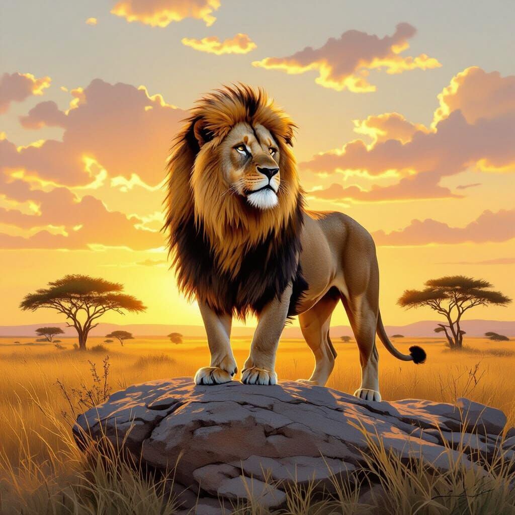 Majestic Lion on African Savanna at Sunset