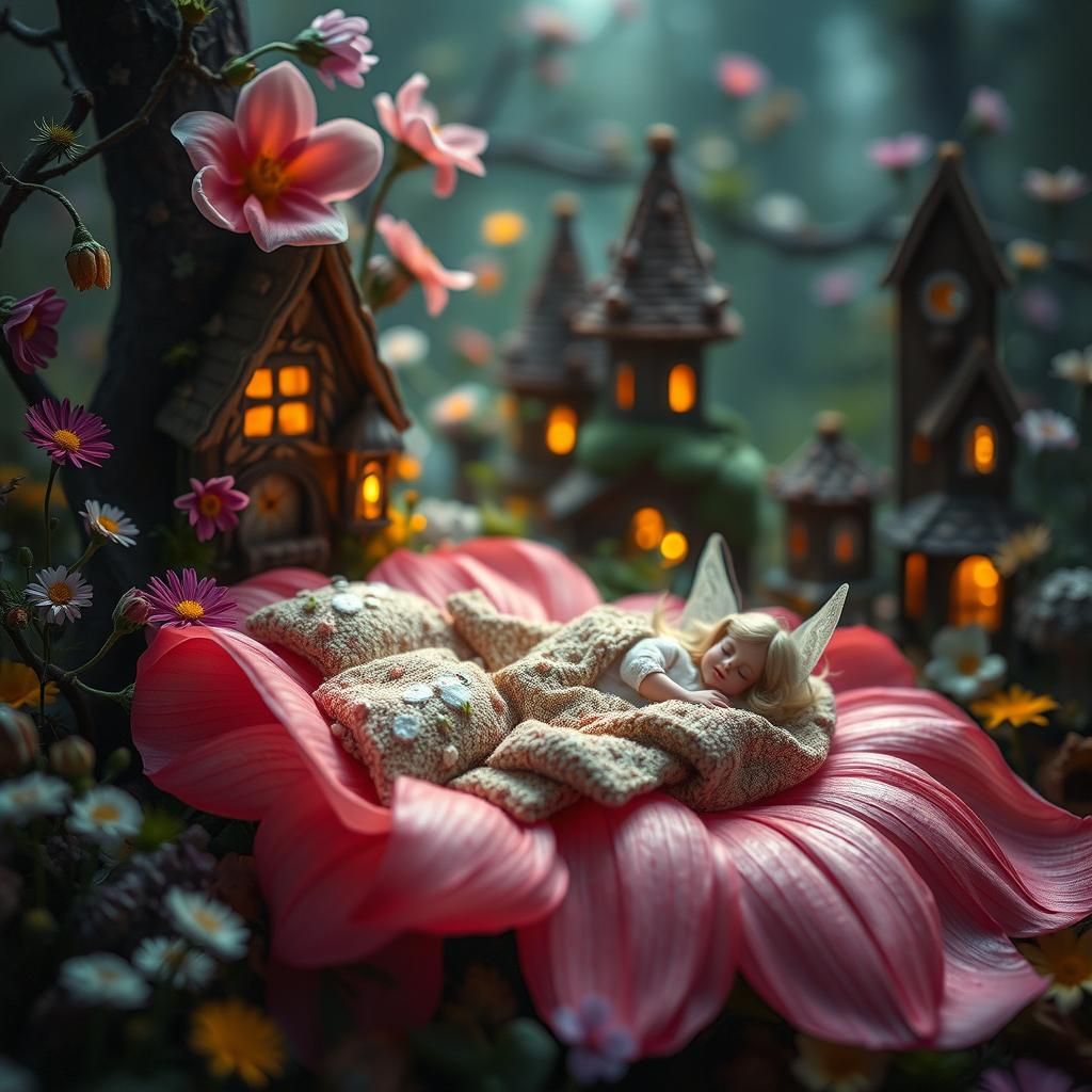 Miniature Fairy Sleeps on Flower Petal Bed