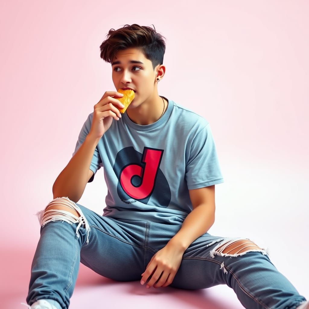 Trendy Guy Enjoying Golden Snack Cake in Pastel Setting