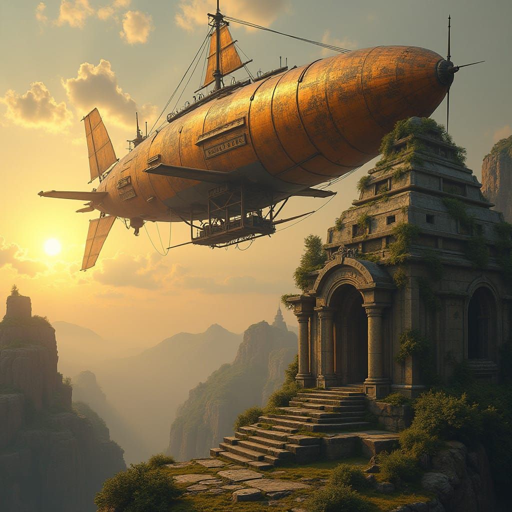 Steampunk Airship Ascends Ancient Temple Ruins