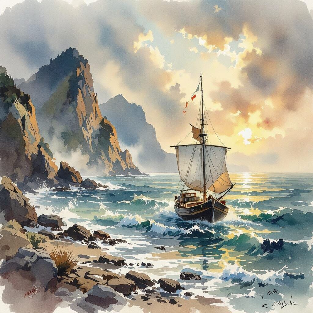Watercolor Sea Landscape in Romantic Style