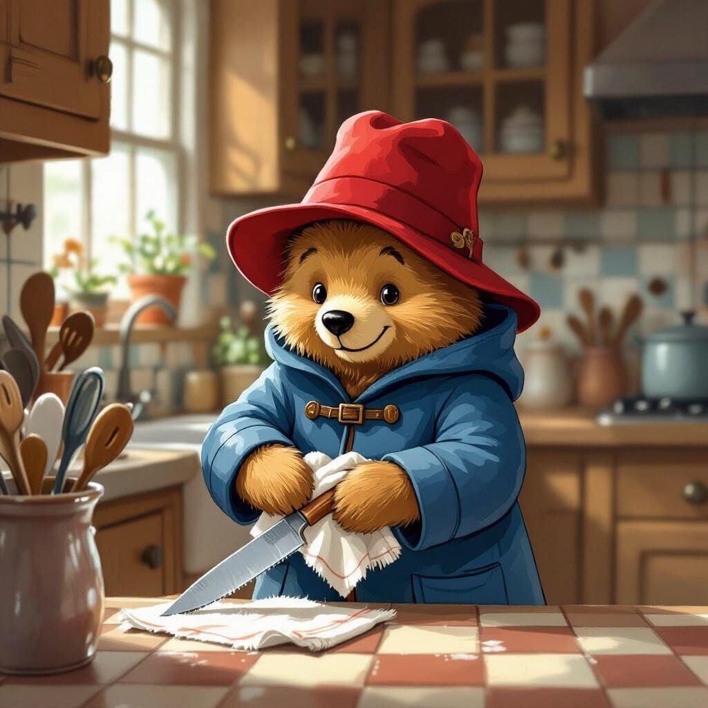 Paddington Bear Cleaning Knife in Cozy Kitchen