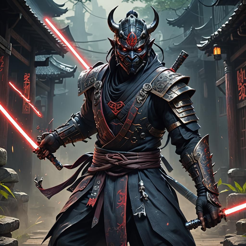 Cybernetic Oni Ninja with Lightsaber, Detailed Matte Paintin...