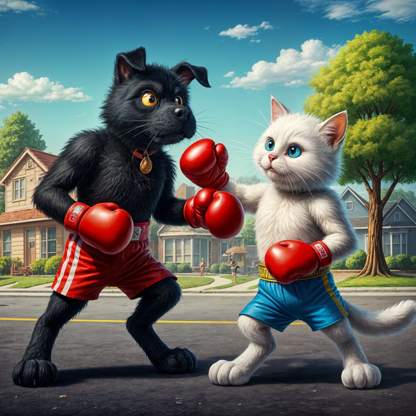 Comedic Puppy vs. Kitten Boxing Caricature