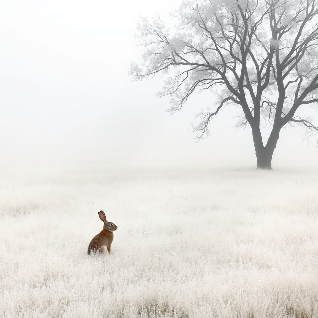 Monochromatic Prairie Landscape with Rabbit in Impressionist...