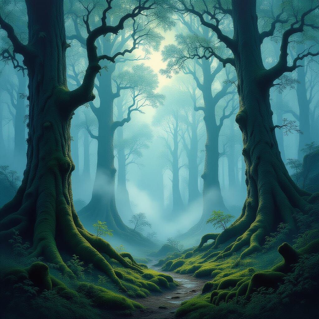 Ethereal Misty Forest Landscape Painting