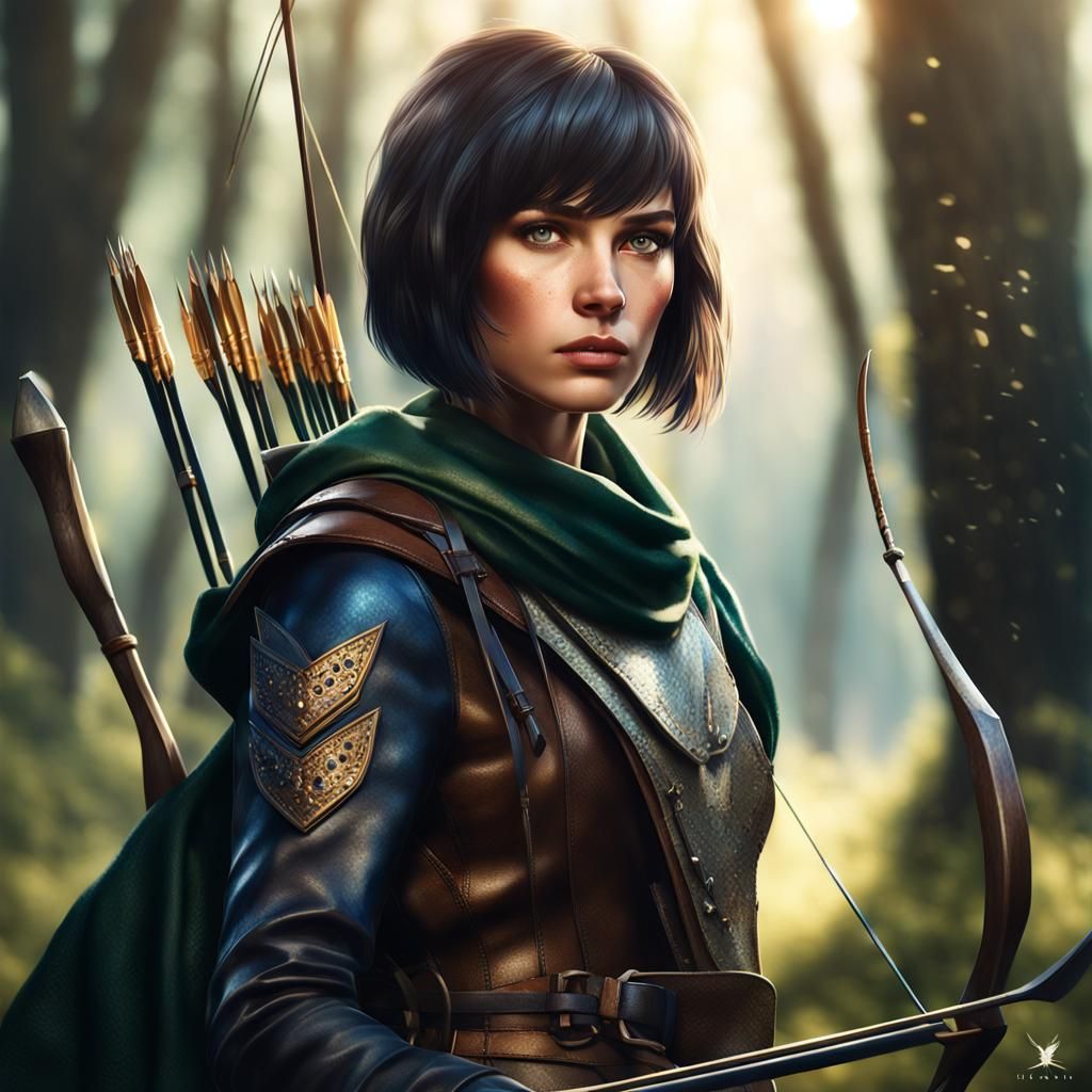 Hyperrealistic Portrait of a Female Ranger with Longbow