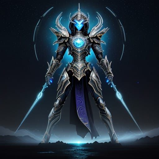 Cyberpunk Warrior Confronts UFO in Futuristic Steel Armor