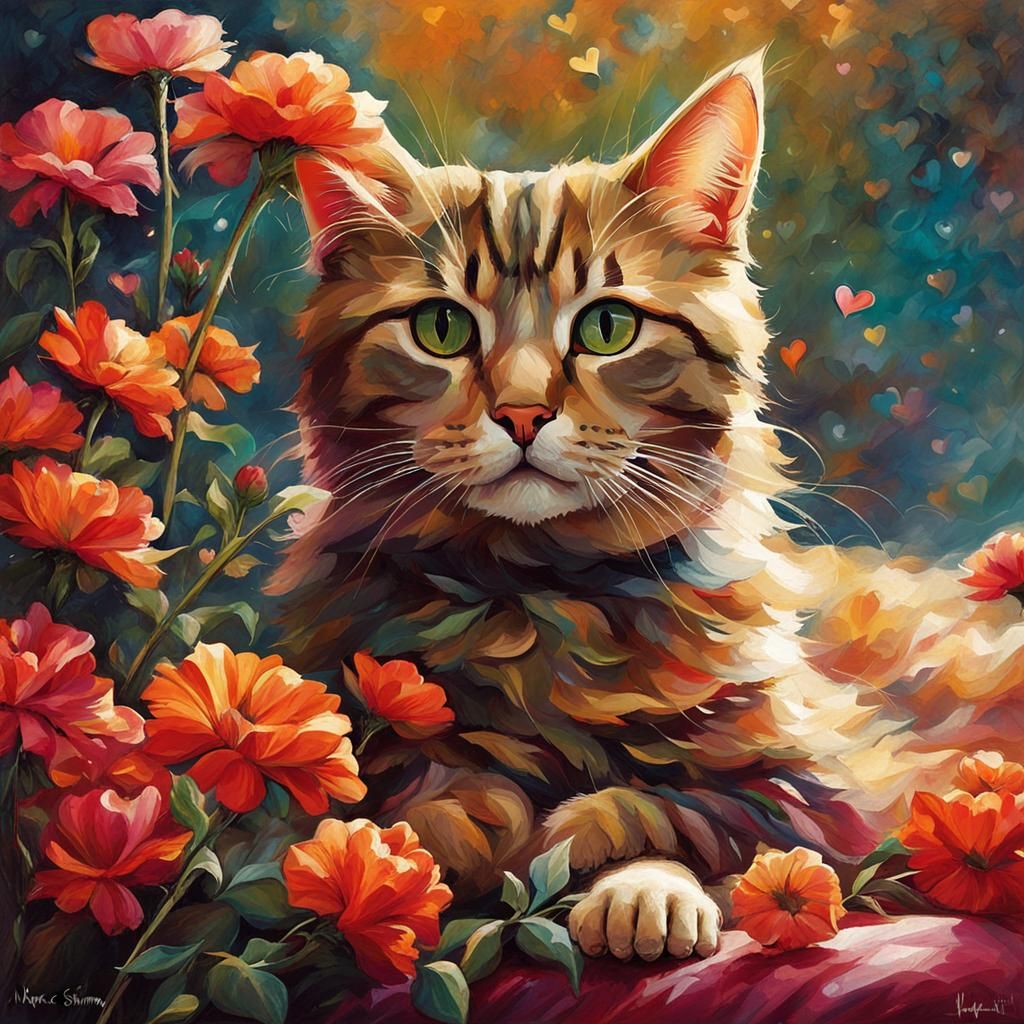 Cat on Pillow Surrounded by Flowers in Fantasy Style